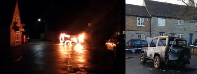 Car on fire and car burnt out