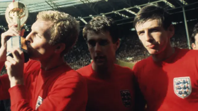 Martin Peters, far right, with Bobby Moore and Geoff Hurst at the 1966 World Cup