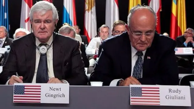 (From L) Dennis Hastert, former speaker of the US House of Representatives, Callista Gingrich, wife of Newt Gingrich, former speaker of the US House of Representatives, and Rudy Giuliani, former mayor of New York, attend the annual meeting of the Iranian resistance, presided over by the National Council of Resistance of Iran (NCRI) in Villepinte, near Paris in 2013.