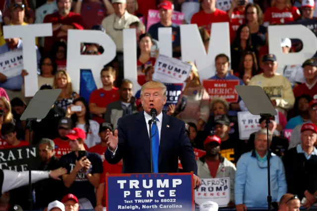 Republican presidential nominee Donald Trump speaks during a campaign rally in Raleigh, North Carolina.