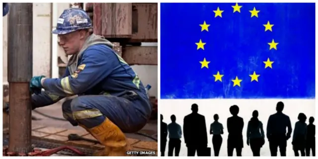 Fracking and EU flag with people standing below it