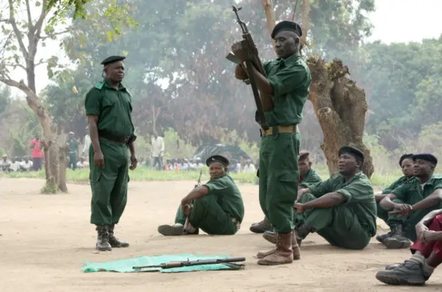 Fighters of former Mozambican rebel movement 'Renamo' receive military training on November 8, 2012 in Gorongosa's mountains, Mozambique.