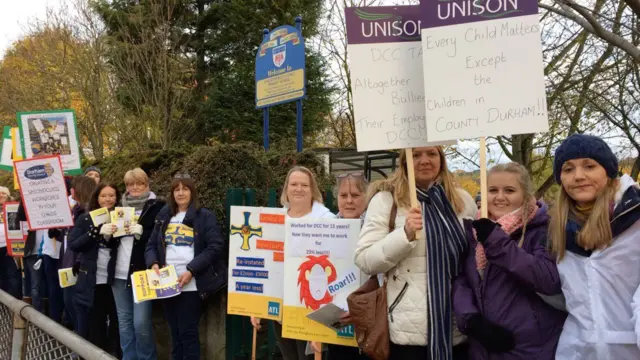 Teaching assistants are also out in force in Lanchester in County Durham: