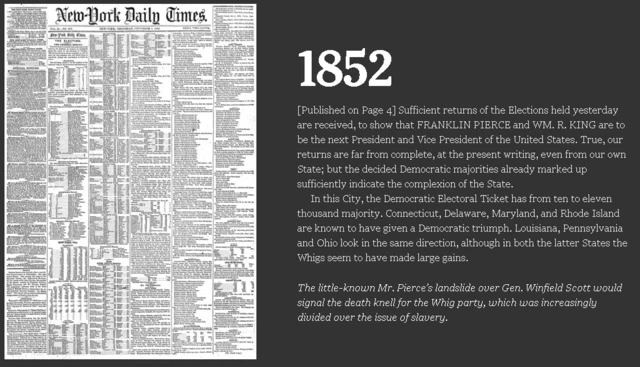 New York Times front page from 1852, as reproduced on their website 8 November 2016