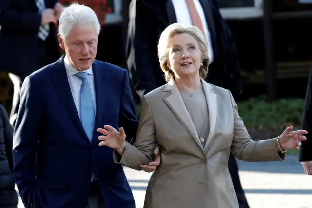 Hillary and Bill Clinton after voting at the Grafflin Elementary School in Chappaqua, New York, 8 November