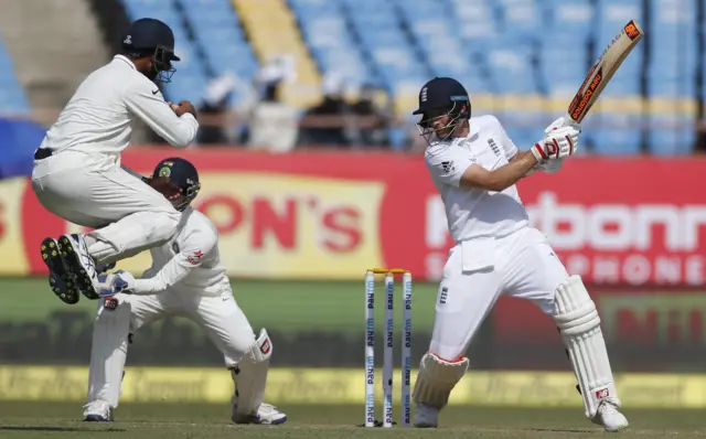 Joe Root plays a shot