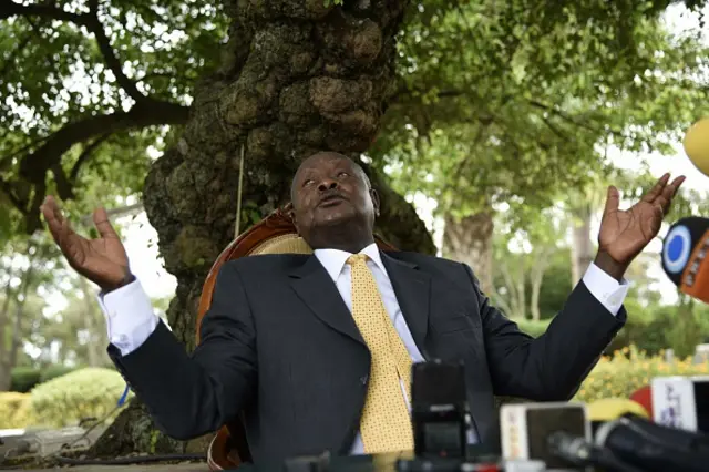 Yoweri Museveni, in power since three decades, gestures as he speaks during a press conference at his country house in Rwakitura, about 275 kilometres west of the capital Kampala on February 21, 2016.