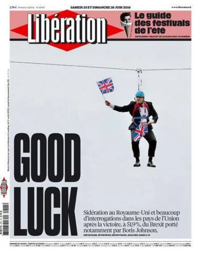 Liberation Brexit front page with Boris Johnson suspended in the air and text saying 'Good Luck'