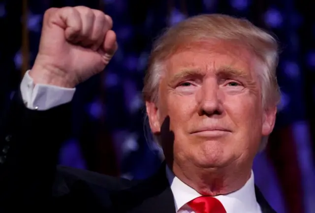 Donald Trump speaks at his victory rally in New York City 9 November 2016