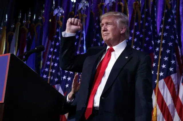 President-elect Donald Trump pumps his fist during an election night rally