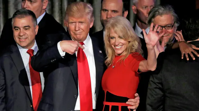 Donald Trump and his campaign manager Kellyanne Conway greet supporters during his election night rally in Manhattan, New York - November 9, 2016