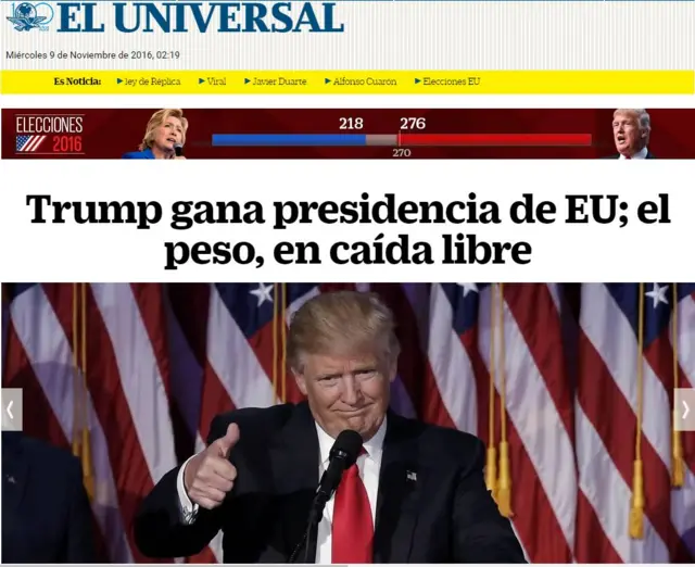 Screen grab of El Universal website says; Trump wins the US presidency, the peso is on a free fall