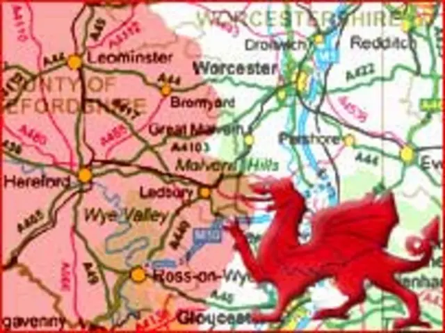 Map showing Hereford with the welsh flag