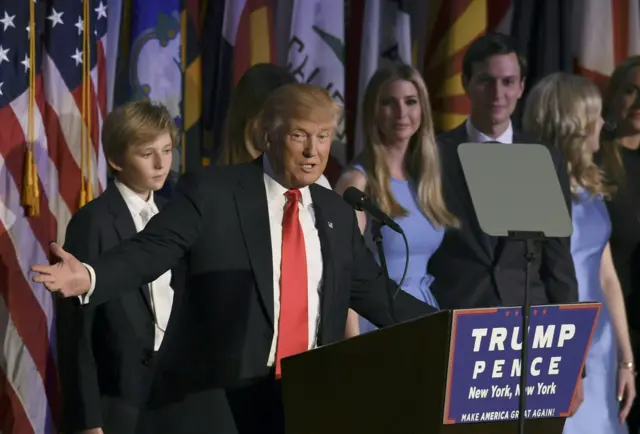 Donald Trump arrives on stage with his family during election night at the New York Hilton Midtown in New York on November 9, 2016