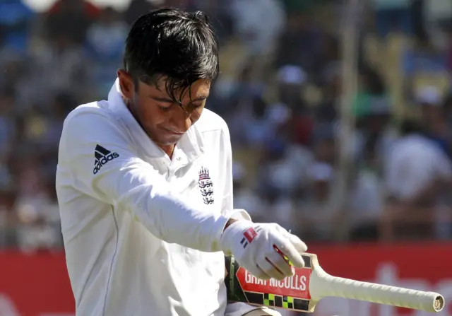 Haseeb Hameed reacts as he walks off