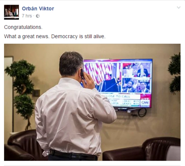 Viktor Orban celebrates Donald Trump's election on facebook.