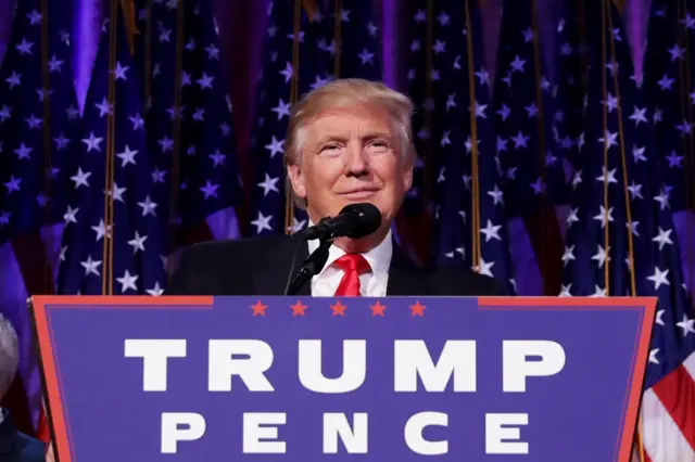 Donald Trump delivers his acceptance speech during his election night event at the New York Hilton Midtown in the early morning hours of November 9, 2016 in New York City