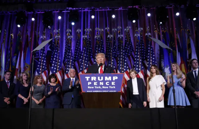 Donald Trump speaks at his election night rally in Manhattan, New York, U.S., November 9, 2016