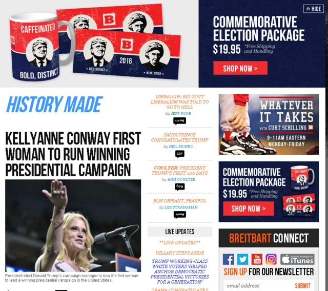 screengrab of Breitbart, with commemmorative mugs for sale and a story headline "KellyAnne Conway first woman to run winning presidential campaign"