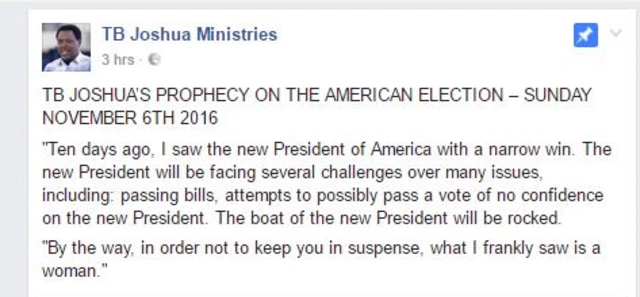 Screengrab of TB Joshua prophesy on US election