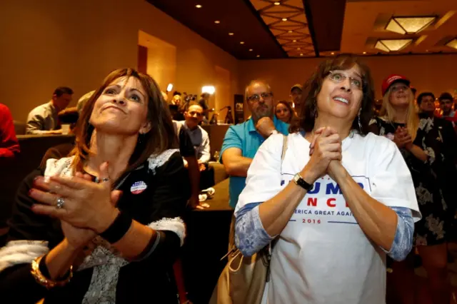 Donald Trump supporters in Phoenix, Arizona, react as the US president-elect gives his acceptance speech