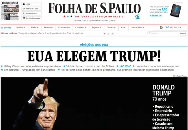 Screen grab from Brazilian website Folha says: US elects Trump!