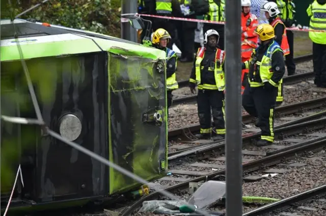 Overturned tram and emergency services