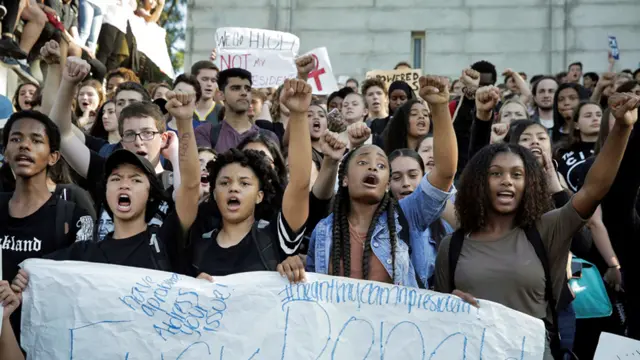 Berkeley High School students gather in protest to Donald Trump's election victory in Berkeley, California - 9 November 2016