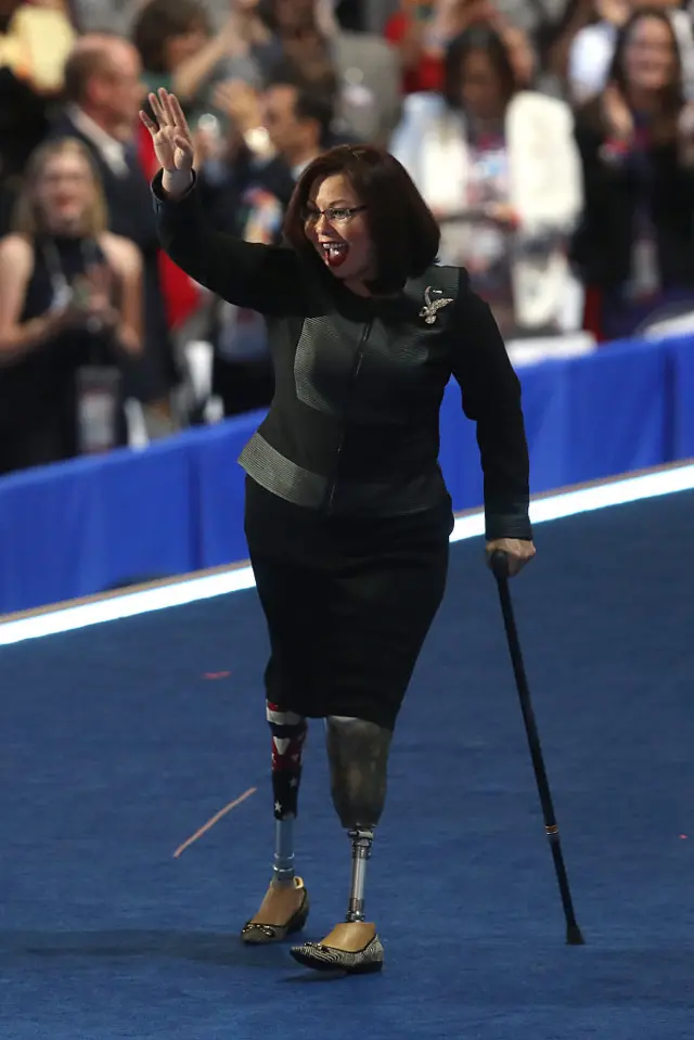 Duckworth enters the stage at the Democratic National Convention this summer in Philadelphia