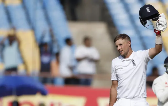 Joe Root celebrates his century