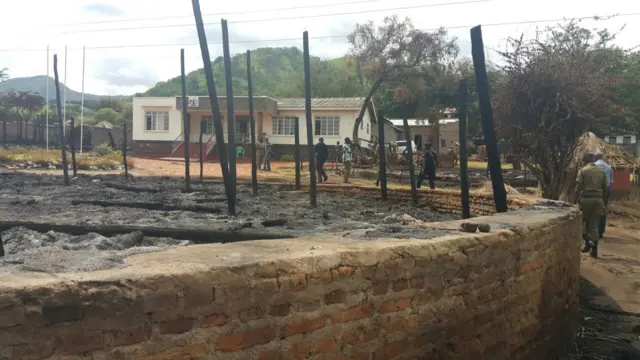 Burned out remains of a building structure inside the Rwenzururu palace compound, Uganda