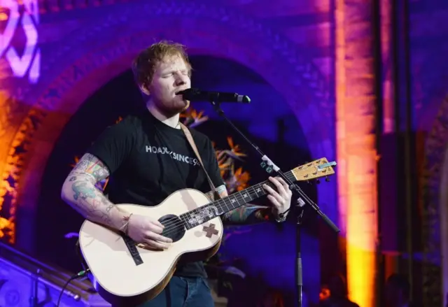 Ed Sheeran on stage at the gala dinner, at the Natural History Musuem