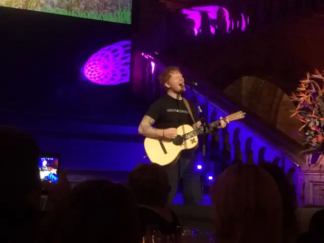 Wider shot of Ed Sheeran on stage, with guitar