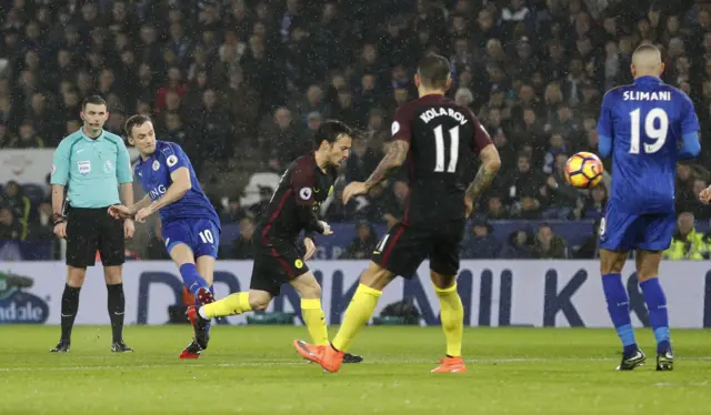 Andy King scores Leicester's second goal