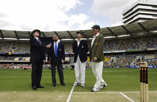 Nasser Hussains wins the toss against Australia at the Gabba in 2002