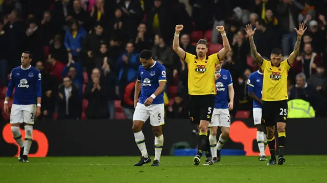 Sebastian Prodl and Jose Holebas of Watford celebrate their victory over Everton