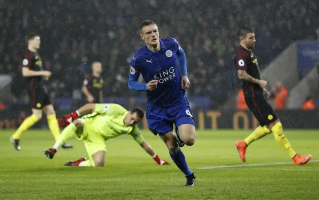 Leicester striker Jamie Vardy celebrates