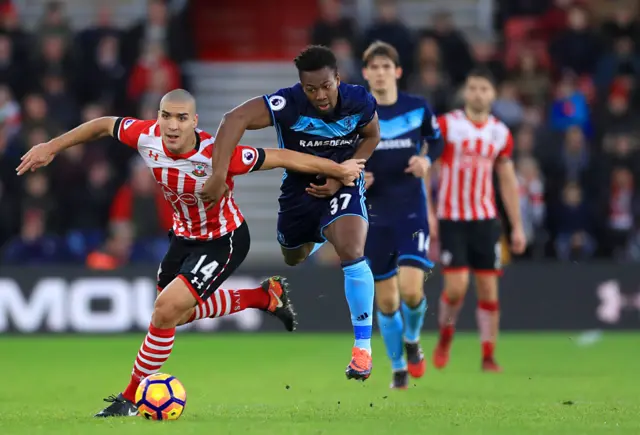 Oriol Romeu and Middlesbrough's Adama Traore vie for the ball