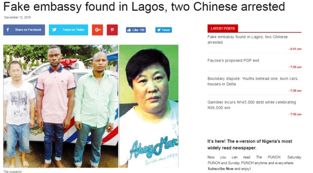 headline snippet reads "Fake embassy found in Lagos, two Chinese arrested", with picture of suspects below