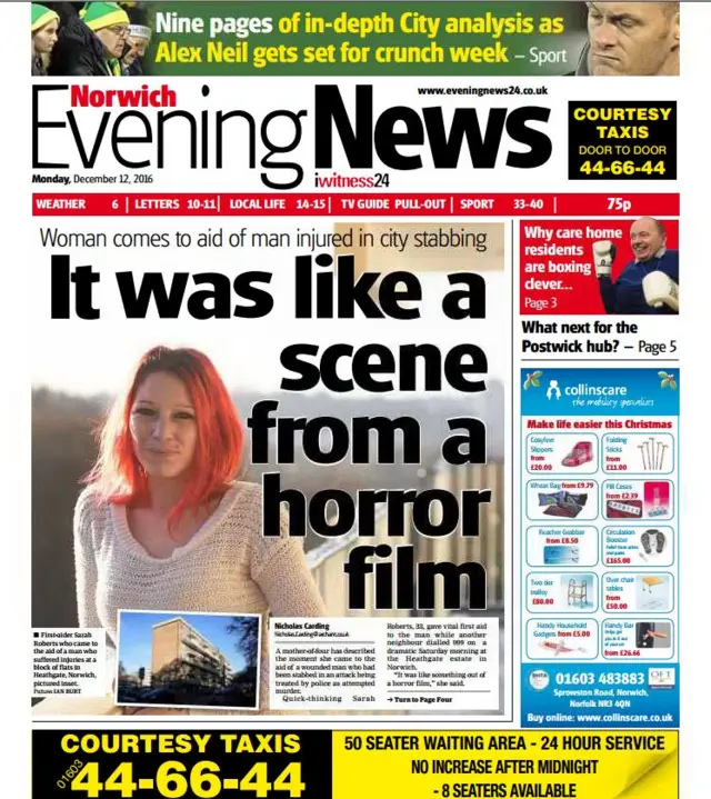 Front page of Norwich Evening News