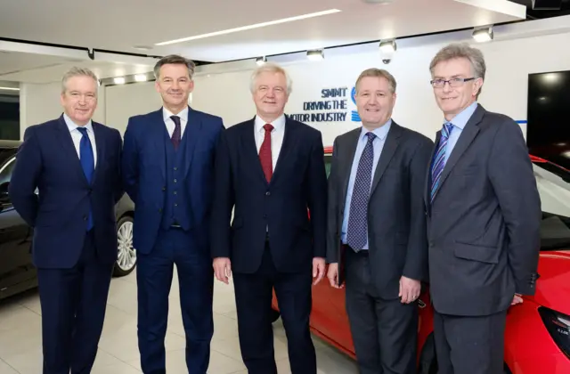 ) Director of Strategy at Jaguar Land Rover Adrian Hallmark, Chief Executive of Society of Motoring Manufacturers and Traders Mike Hawes, Secretary of State for Exiting the European Union David Davis, Chairman and MD at GM - Vauxhall UK Rory Harvey, and Senior Vice President at Honda Motor Group Ian Howells