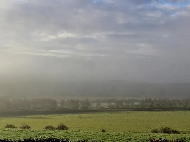 Field below hazy sky