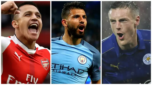 Arsenal's Alexis Sanchez, Manchester City's Sergio Aguero and Leicester's Jamie Vardy