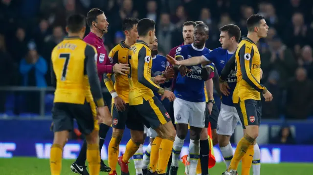 Seamus Coleman and Arsenal's Gabriel Paulista clash