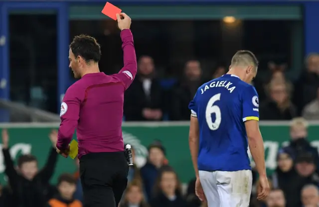 Phil Jagielka is shown a red card