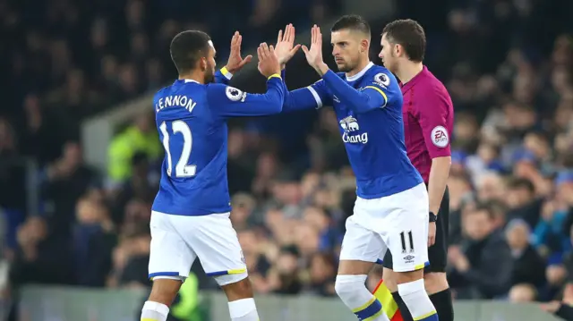 Kevin Mirallas of Everton comes on as a second half substitute for Aaron Lennon