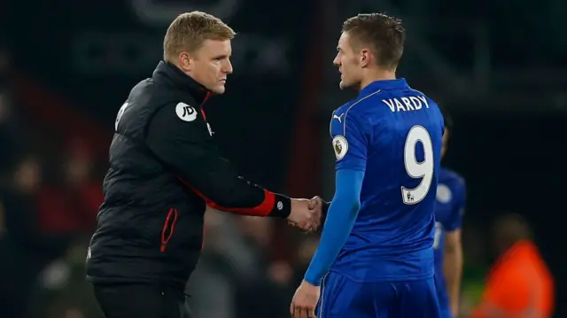 Jamie Vardy shakes hands with Bournemouth manager Eddie Howe after the game