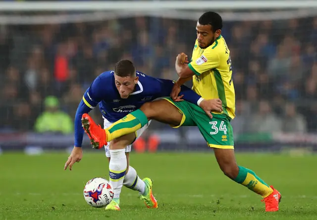 Norwich's Louis Thompson and Everton's Ross Barkley battle for the ball