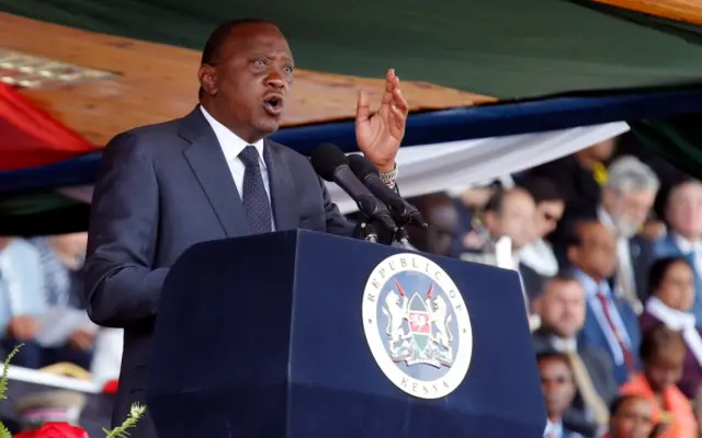 President Uhuru Kenyatta addresses guests during the national celebration to mark Kenya"s Jamhuri Day (Independence Day) at the Nyayo Stadium in Nairobi December 12, 2016.