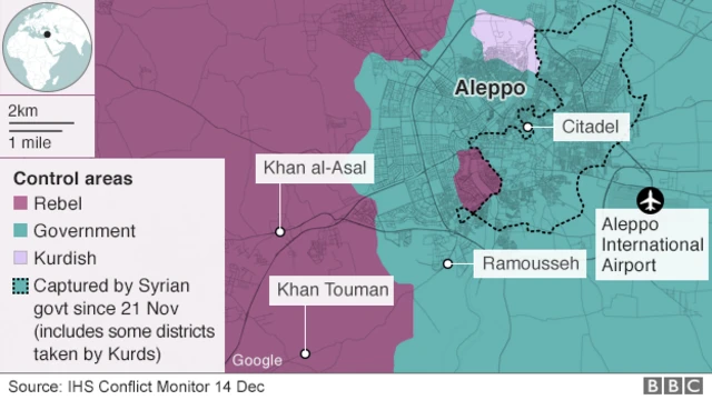 Map showing Aleppo, Khan al-Asal and Khan Touman